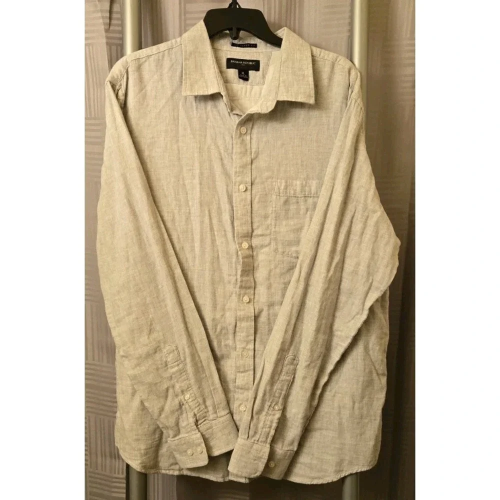 Banana Republic Untucked Fit Light Gray‎ Shirt Mens XL Button Down Double Weave